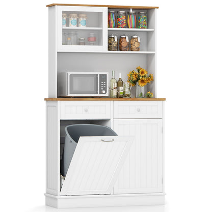 Double Tilt Out Trash Cabinet with Rubber Wood Countertop for Kitchen Dining Room-White
