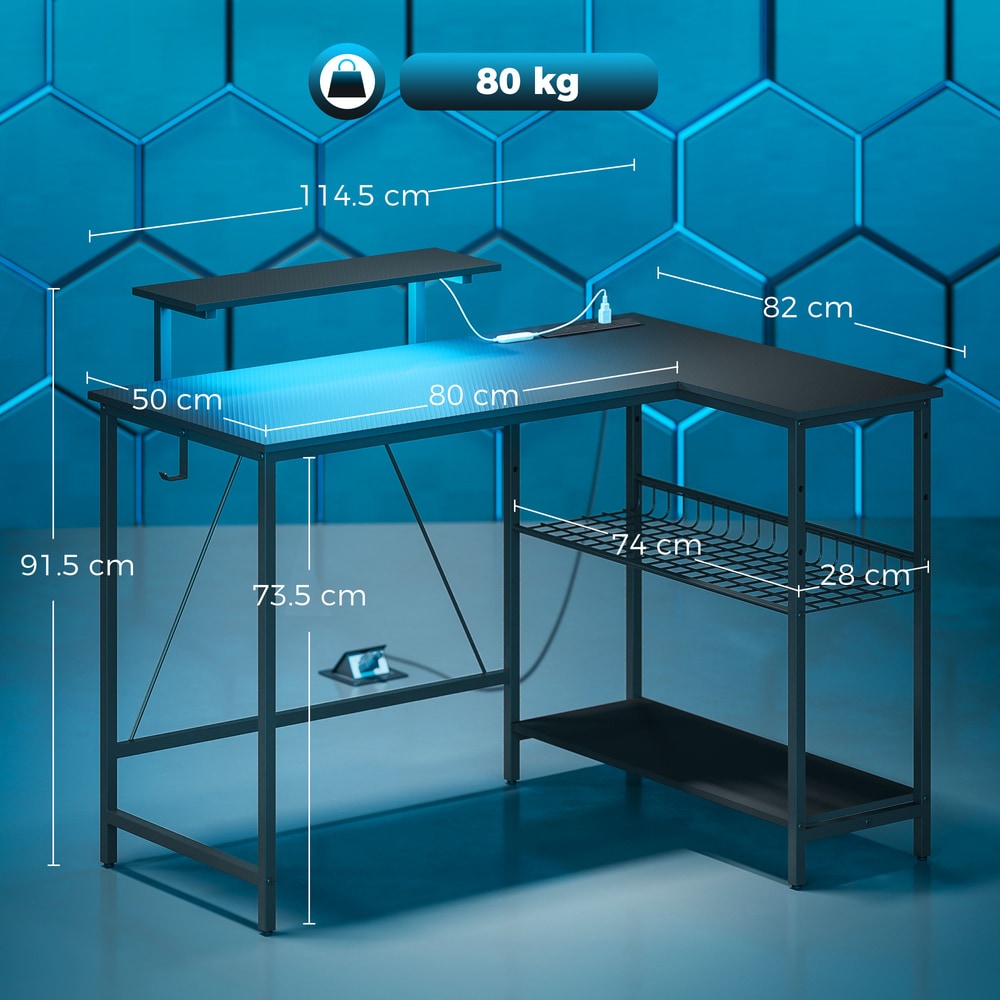 HOMCOM 114.5 cm L-Shaped Gaming Desk in Black