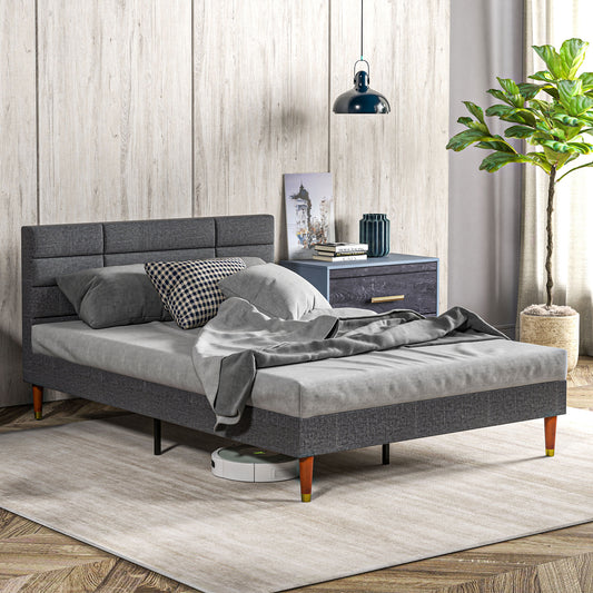 HOMCOM Upholstered Double Bed Frame, with Slats - Grey