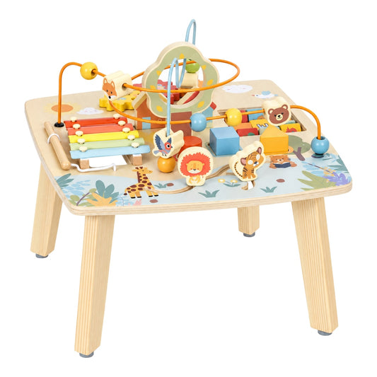 AIYAPLAY Wooden Baby Activity Table, 6 In 1 Montessori Learning Table with Bead Maze, Shape Sorter and Xylophone for 18M-3Y