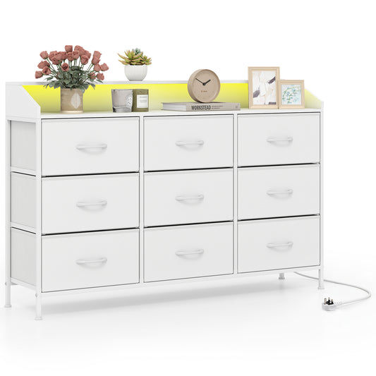 Dresser Storage Organizer with LED Lights in white with nine drawers and a yellow top shelf with lights