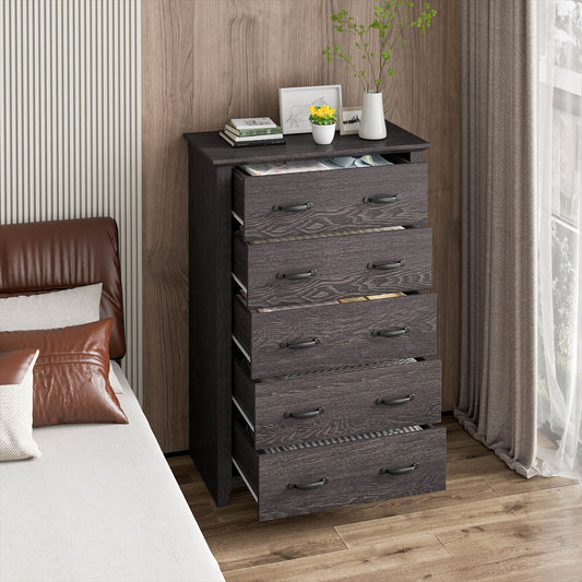 The chest of drawers with all five drawers pulled out to show storage space