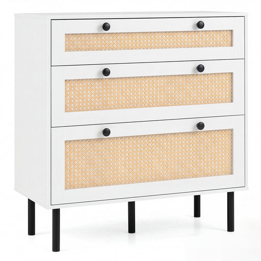 Dresser with 3 Drawers in white with rattan panels and black metal legs on a white background