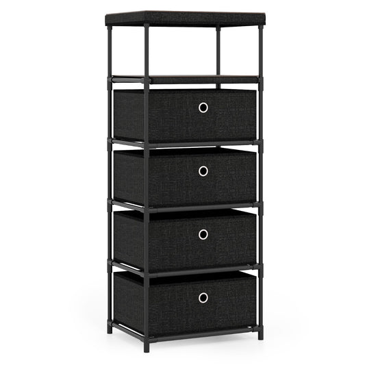 Dresser with 4 Drawer Wood Top and Metal Frame in black with a wooden top shelf and four fabric drawers