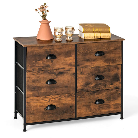 Dresser with 6 Foldable Fabric Drawers Living Room Bedroom with rustic brown finish and black frame