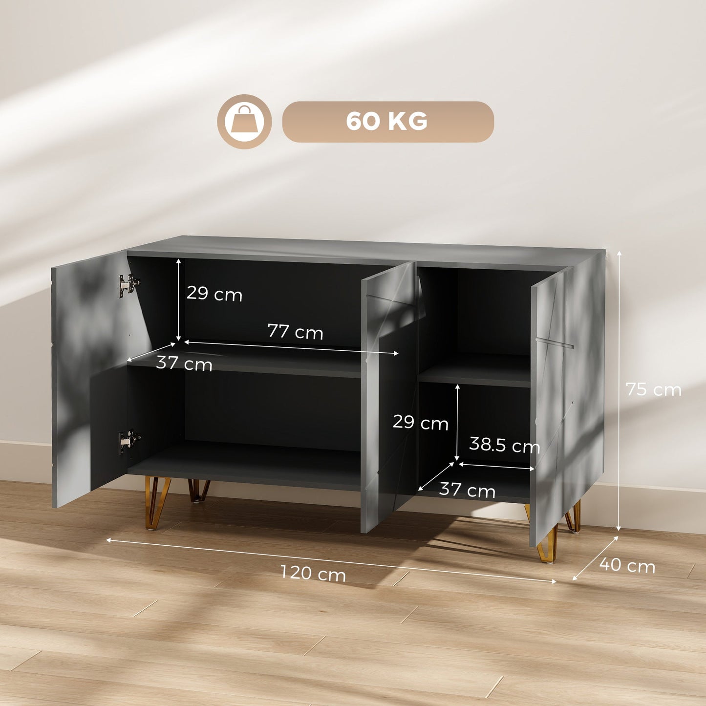HOMCOM Modern Luxe High Gloss Sideboard, with Hairpin Legs, Grey