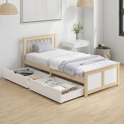 HOMCOM Pine Storage Bed, 3ft Single Solid Wooden Bed Frame with Drawers, Headboard, Wood Slat Support, Natural Wood Finish