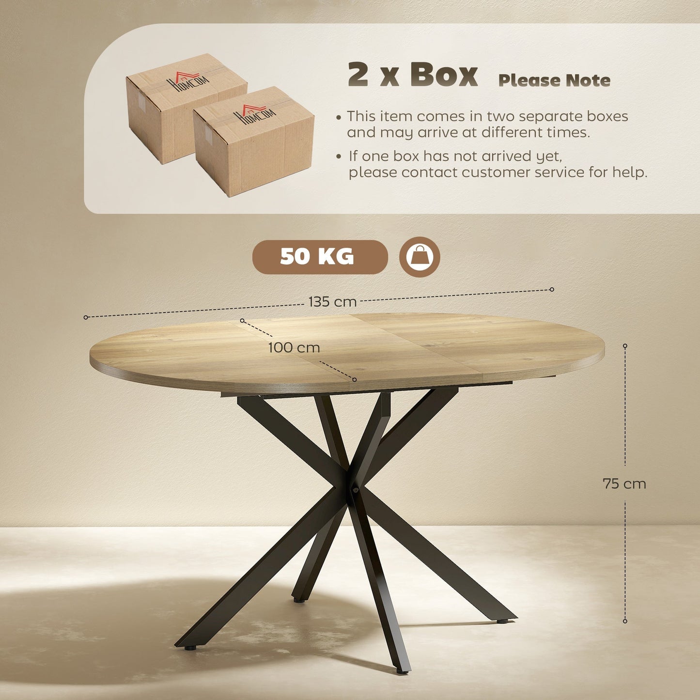 HOMCOM Extendable Dining Table for 4-6, Industrial Kitchen Dinner Table with Butterfly Leaf and X-Shape Base, Natural Wood