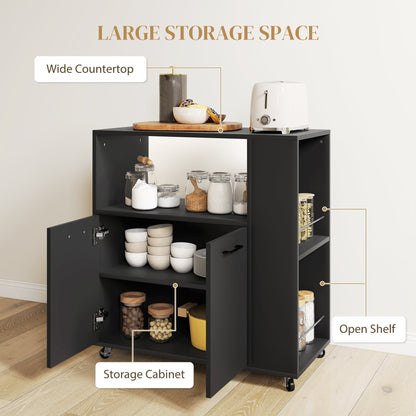 HOMCOM Kitchen Trolley on Wheels, Rolling Kitchen Island Cart with 2-Door Cabinet, Spice Rack and Adjustable Shelf, Black