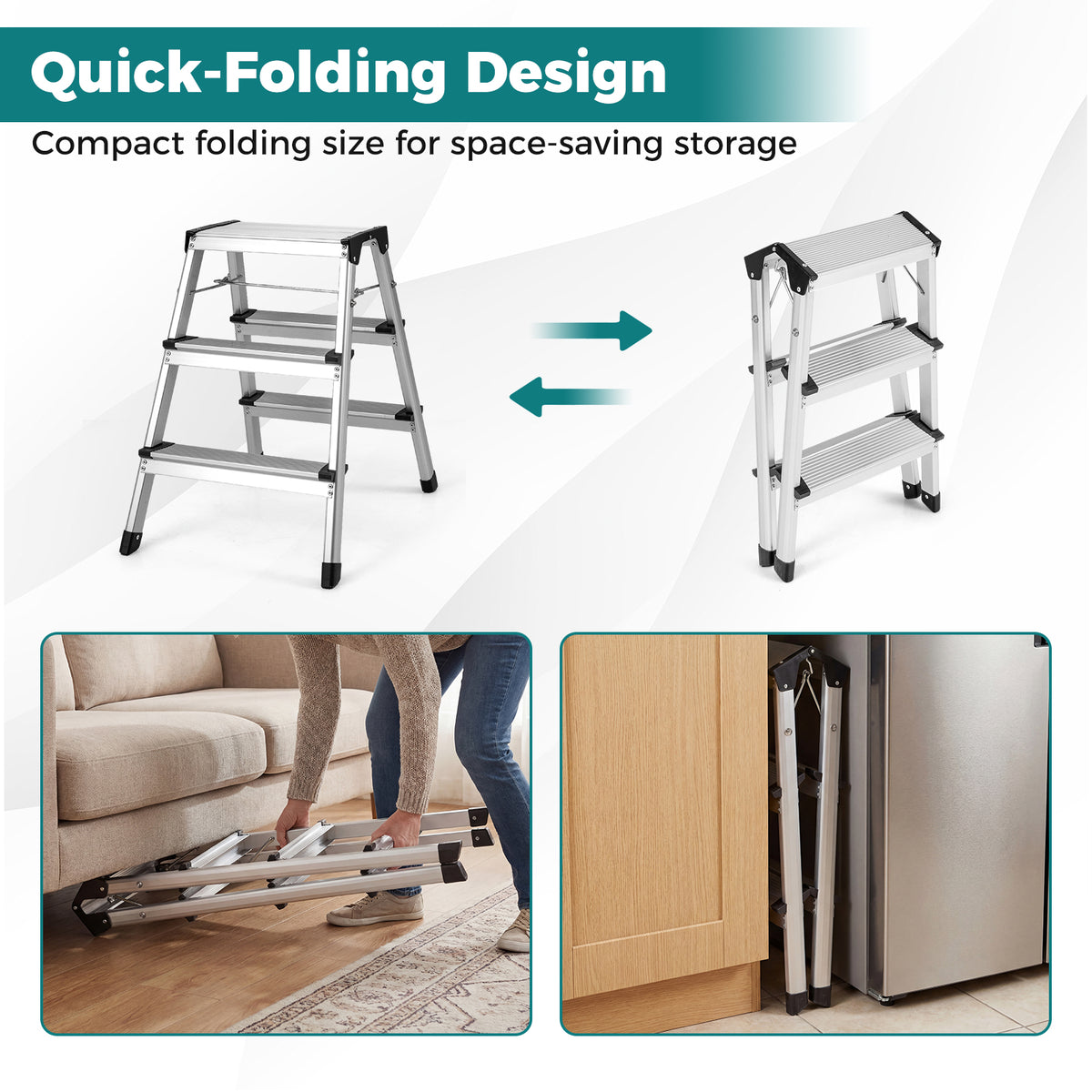 Demonstration of the quick-folding design of the silver step stool