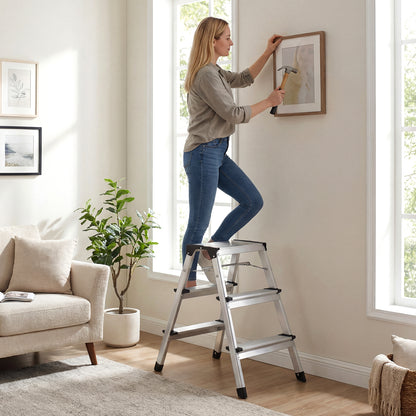 A woman uses the silver step stool to hang a picture in a living room