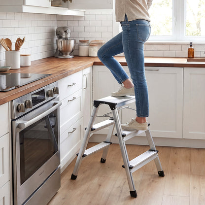 A person stands on the silver step stool in a kitchen by the counter