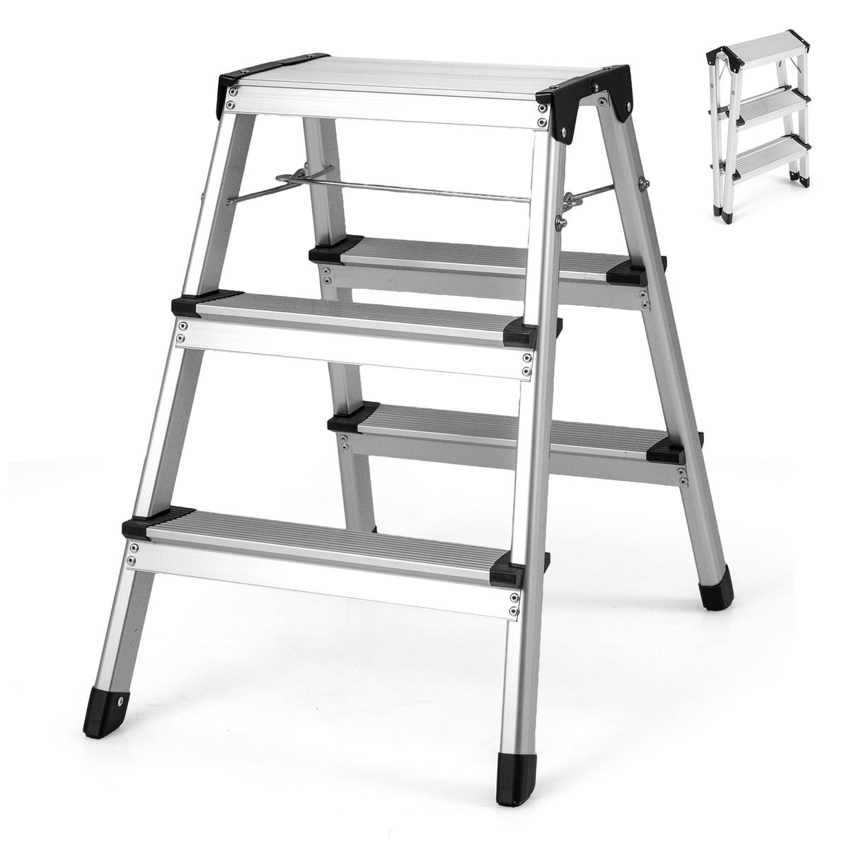 Dual-Sided 3 Step Ladder with Wide Anti-Slip Pedals, a silver aluminium step stool with three steps