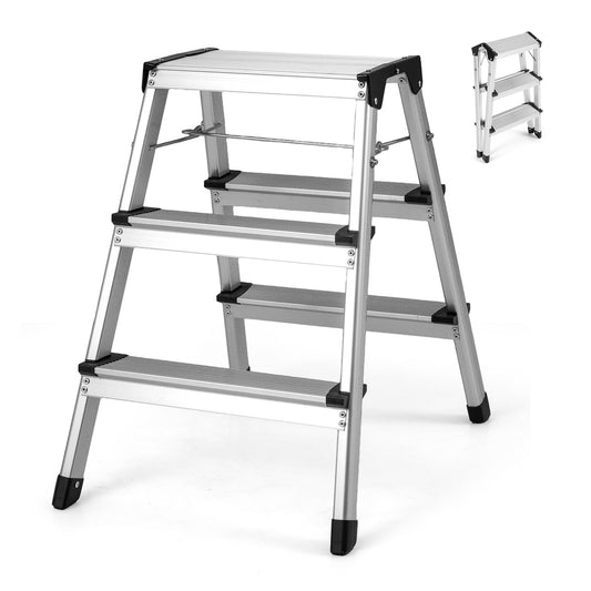 Dual-Sided 3 Step Ladder with Wide Anti-Slip Pedals, a silver aluminium step stool with three steps