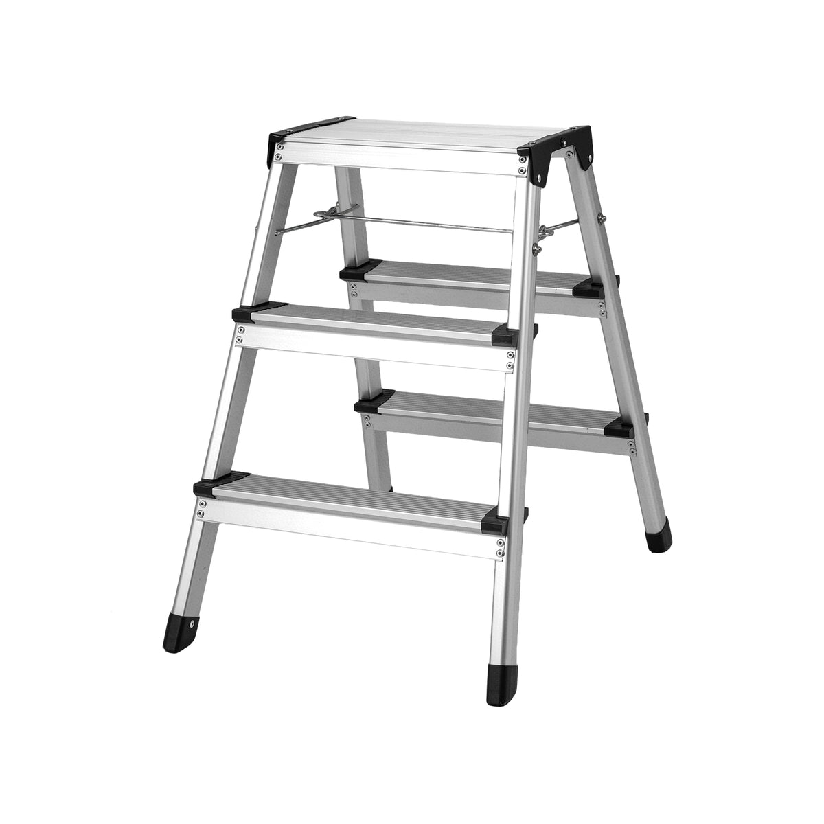 Rear view of the silver three-step ladder, showing its dual-sided design