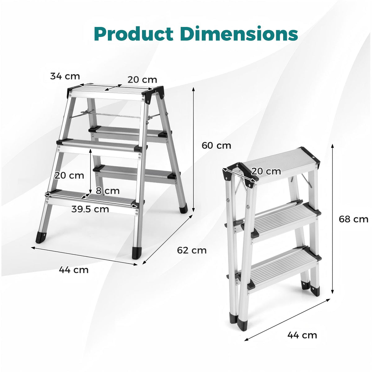 Product dimensions diagram for the silver three-step ladder
