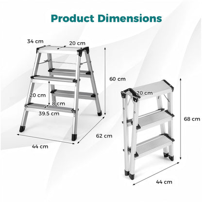 Product dimensions diagram for the silver three-step ladder