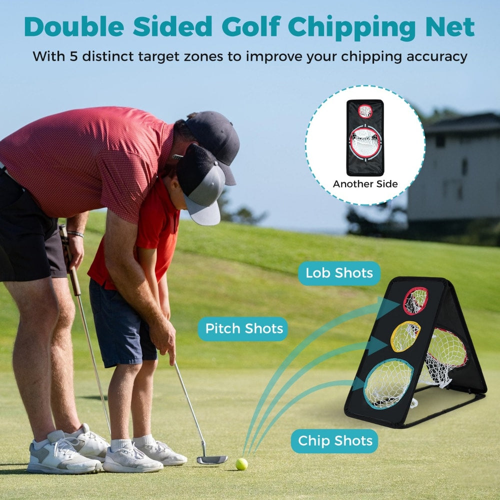 Close up of the golf chipping net showing target zones for different shots