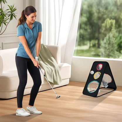 Woman practising golf chipping into the net indoors in a living room
