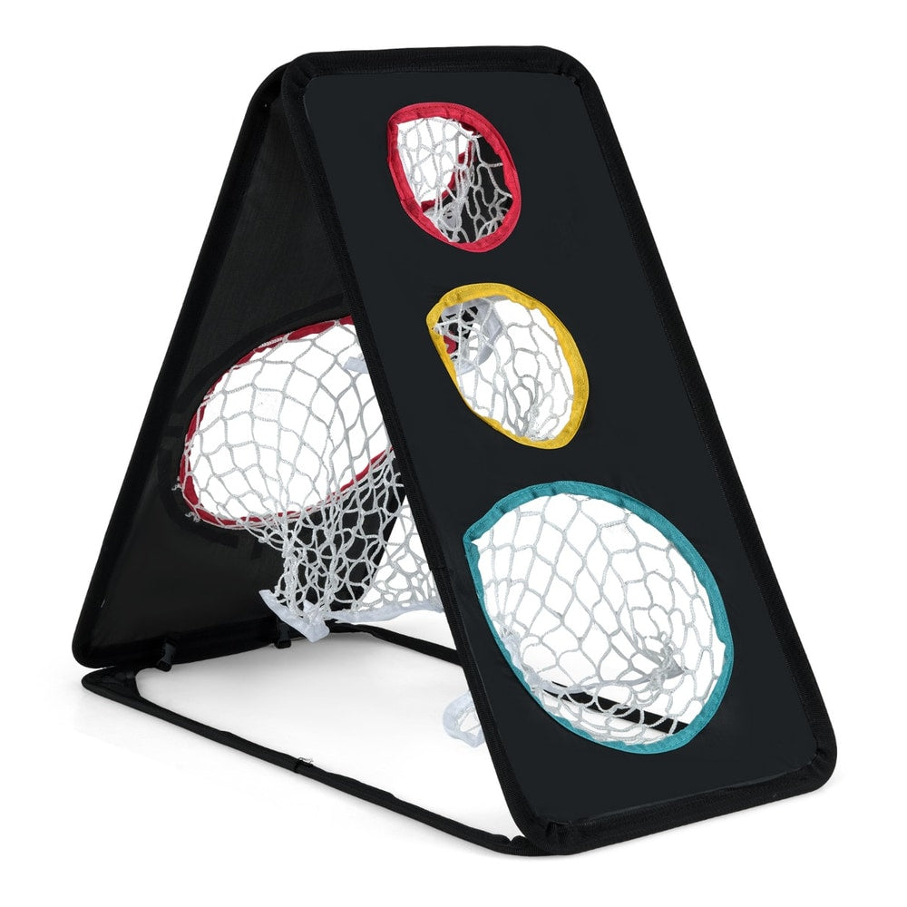 Dual-Sided Golf Chipping Net with five target holes and a triangular structure