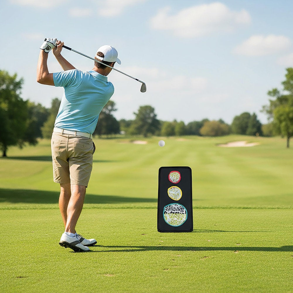 Golfer practising chipping into the golf net on a sunny day at a golf course