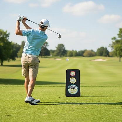 Golfer practising chipping into the golf net on a sunny day at a golf course