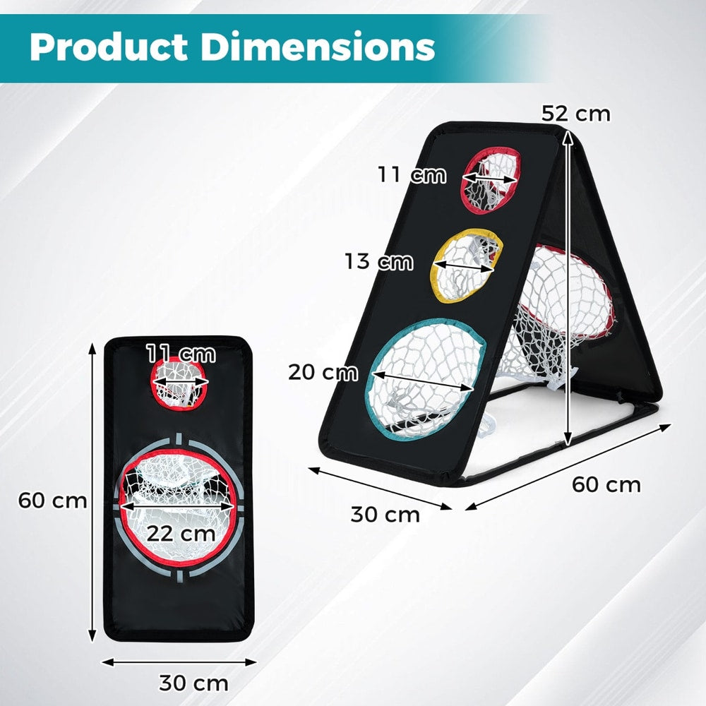 Golf chipping net with dimensions shown for height, width and depth