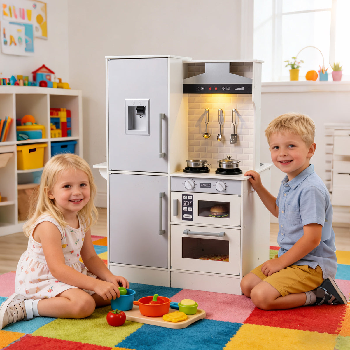 Two children playing with the play kitchen set in a colourful room