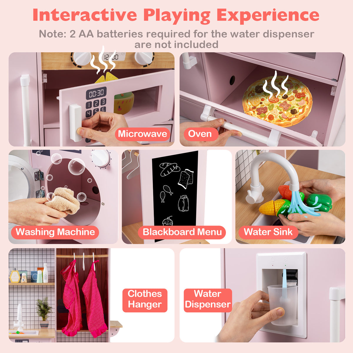 Collage showing close-ups of the play kitchen's microwave, oven, washing machine, blackboard, sink and water dispenser