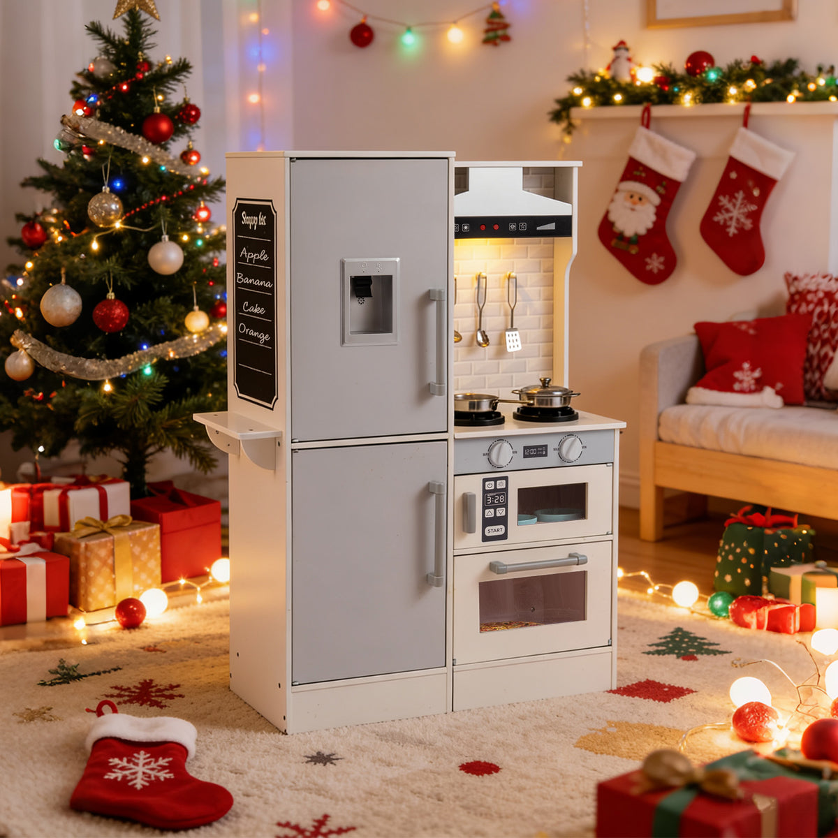 Play kitchen in a festive room with Christmas tree and decorations