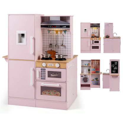 Dual-Sided Kids Play Kitchen with a pink finish and wooden accents, featuring a fridge, oven, and hob