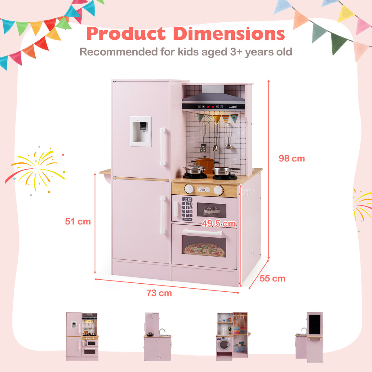 The pink play kitchen set shown with dimensions for height, width and depth