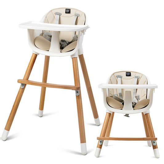 Dual Wooden Combination Modern Padded Highchair shown in both tall and short configurations