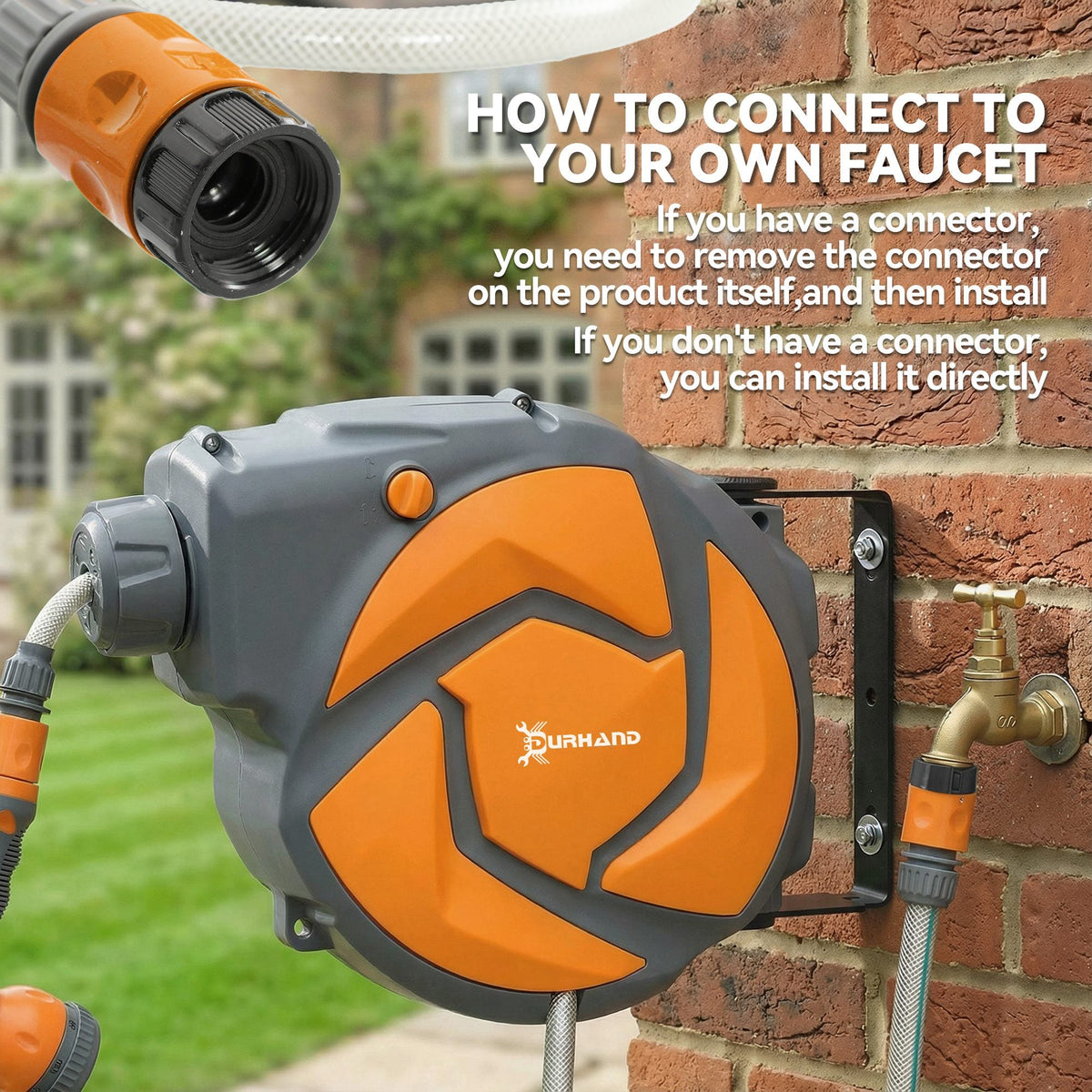 Close up of the hose reel connection to a faucet with instructions on how to connect