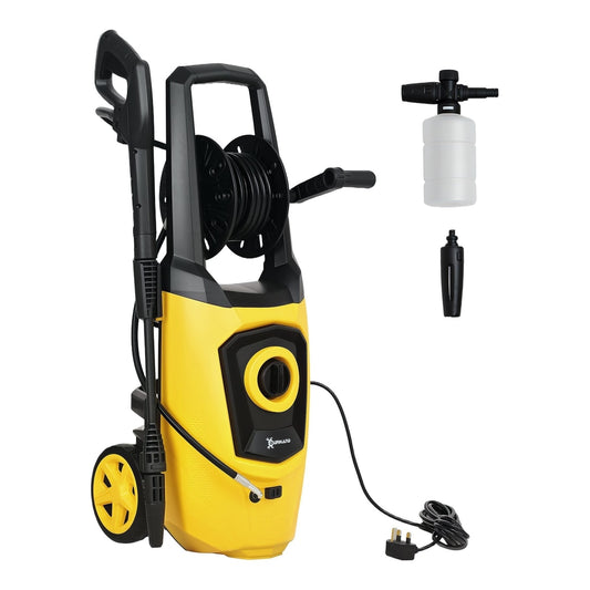 DURHAND 1800W High Pressure Washer in yellow and black with a hose reel and spray gun
