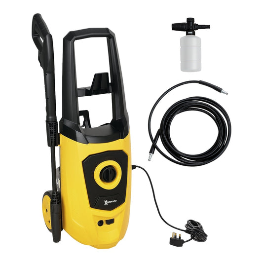 DURHAND 1800W High Pressure Washer in yellow and black with hose and snow foam bottle