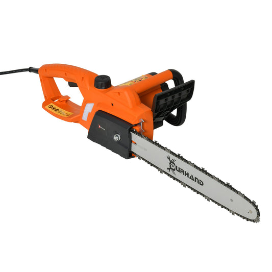 DURHAND 2000W Powerful Electric Chainsaw with an orange body and a long metal cutting blade