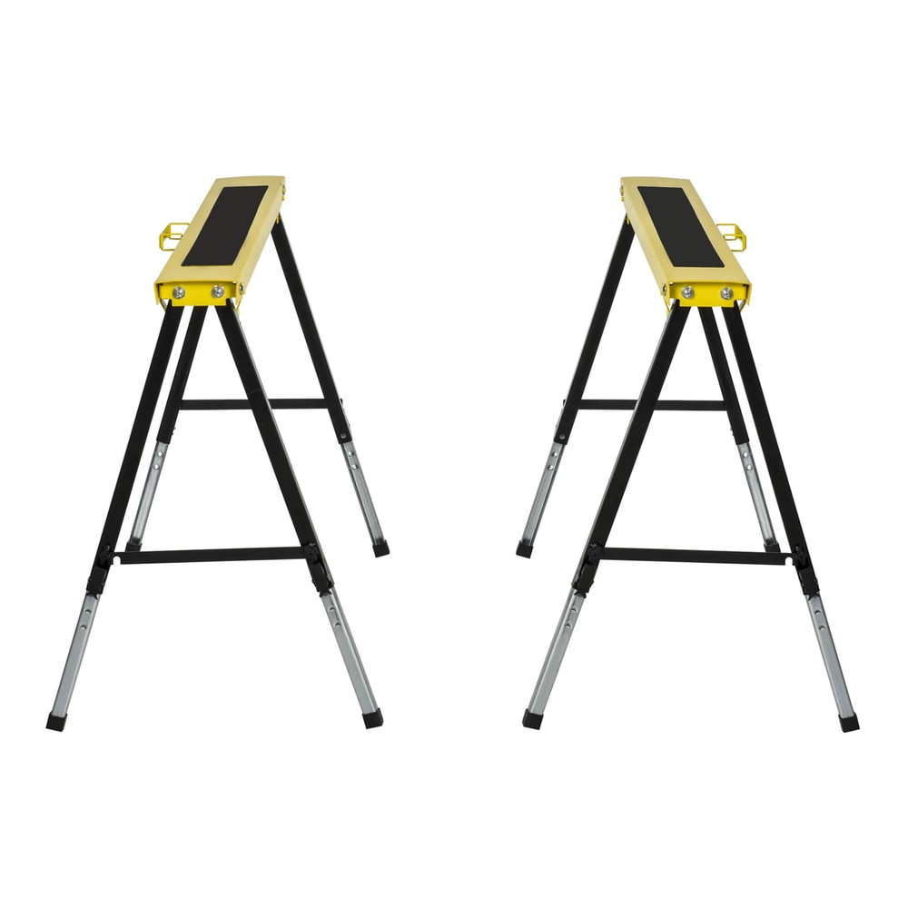 Two yellow and black metal trestle stands from a side angle