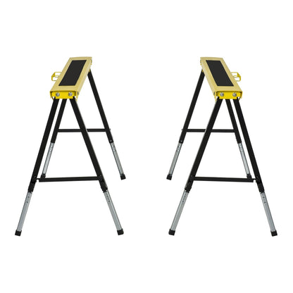 Two yellow and black metal trestle stands from a side angle