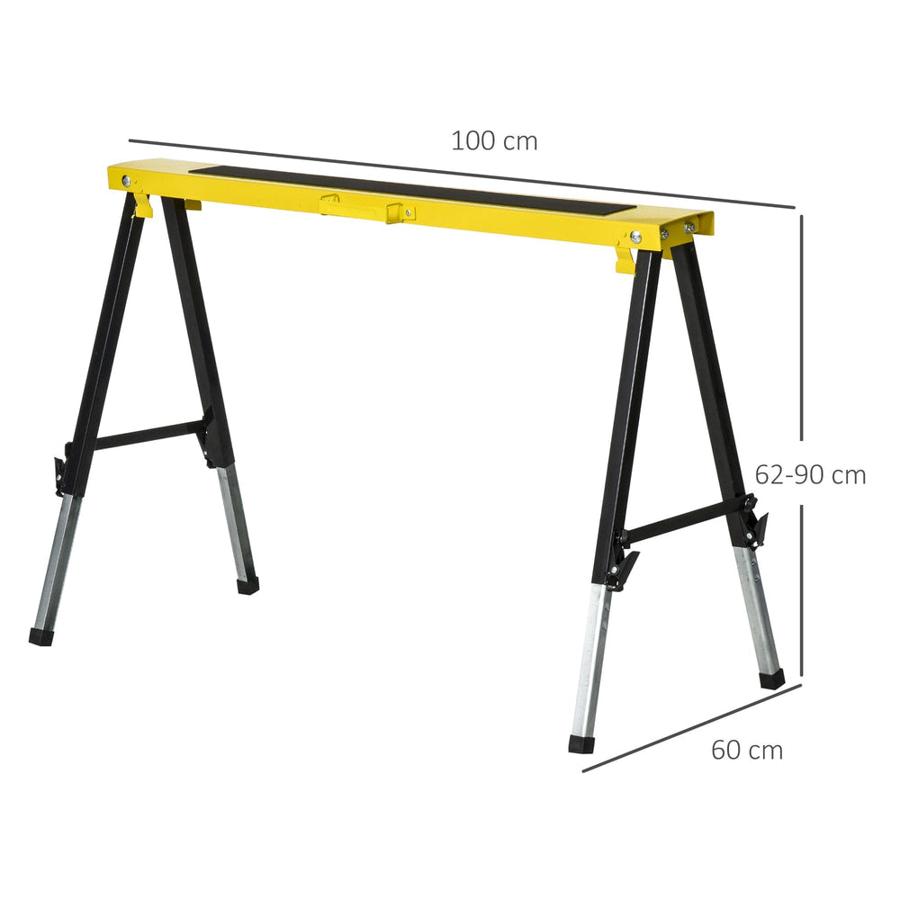 A single yellow and black metal trestle stand with dimensions shown