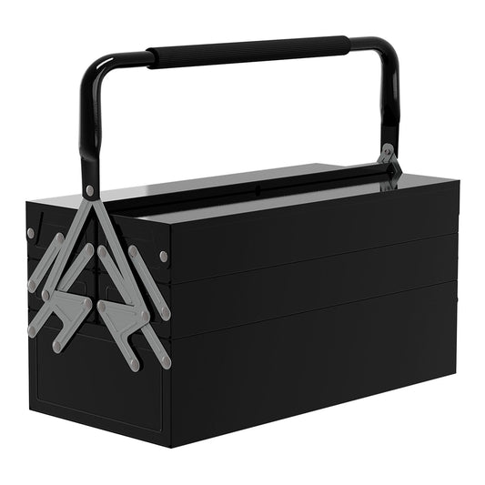 DURHAND 3 Tier Metal Toolbox, a black portable tool box with a folding handle and three tiers