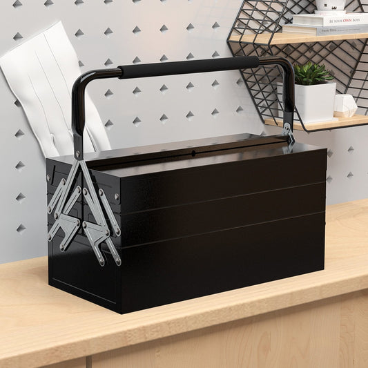 The black metal tool box sits on a wooden surface next to a shelf with items on it