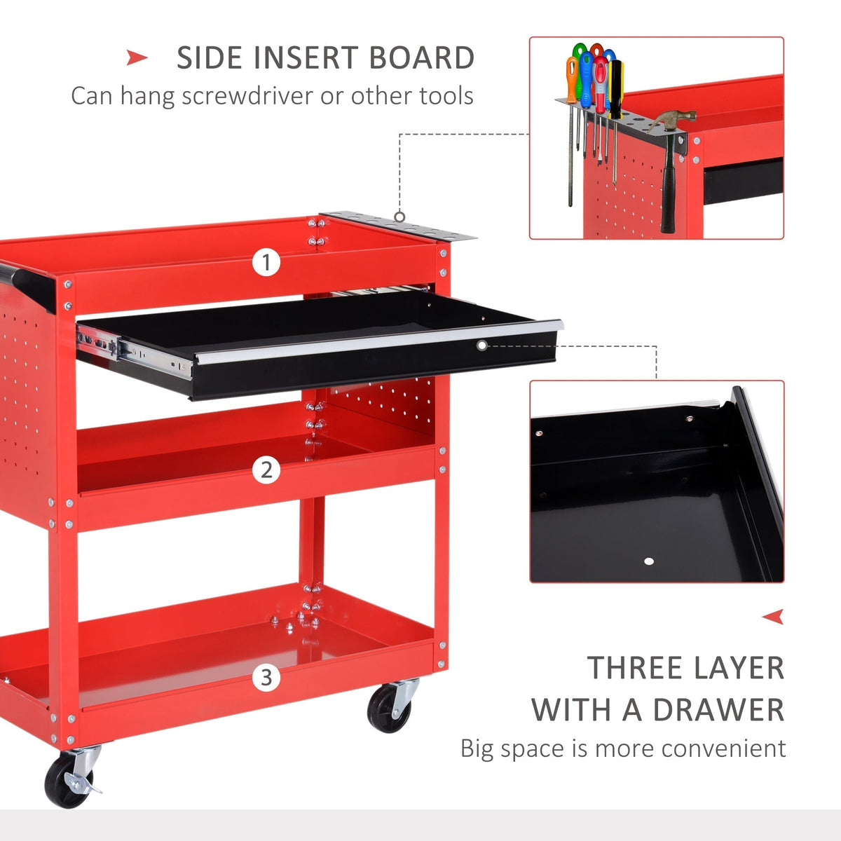 Red three-tier tool trolley cart with the drawer open showing tools