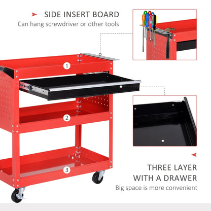 Red three-tier tool trolley cart with the drawer open showing tools