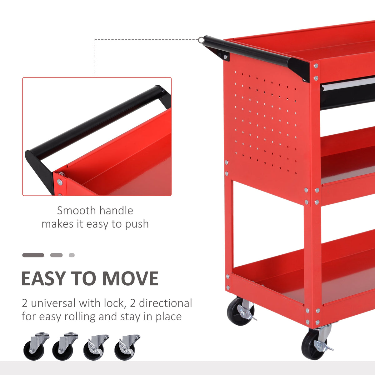 Close-up of the smooth handle and lockable wheels on the tool trolley cart