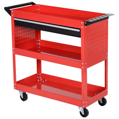 DURHAND 3-Tier Tool Trolley Cart in red with a handle and three shelves