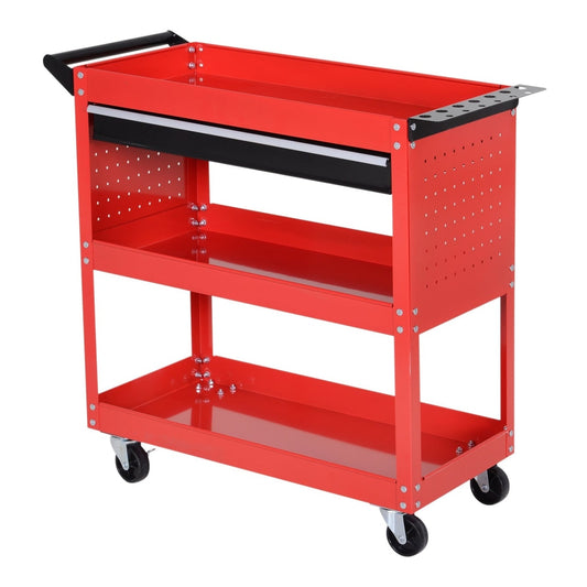 DURHAND 3-Tier Tool Trolley Cart in red with a handle and three shelves