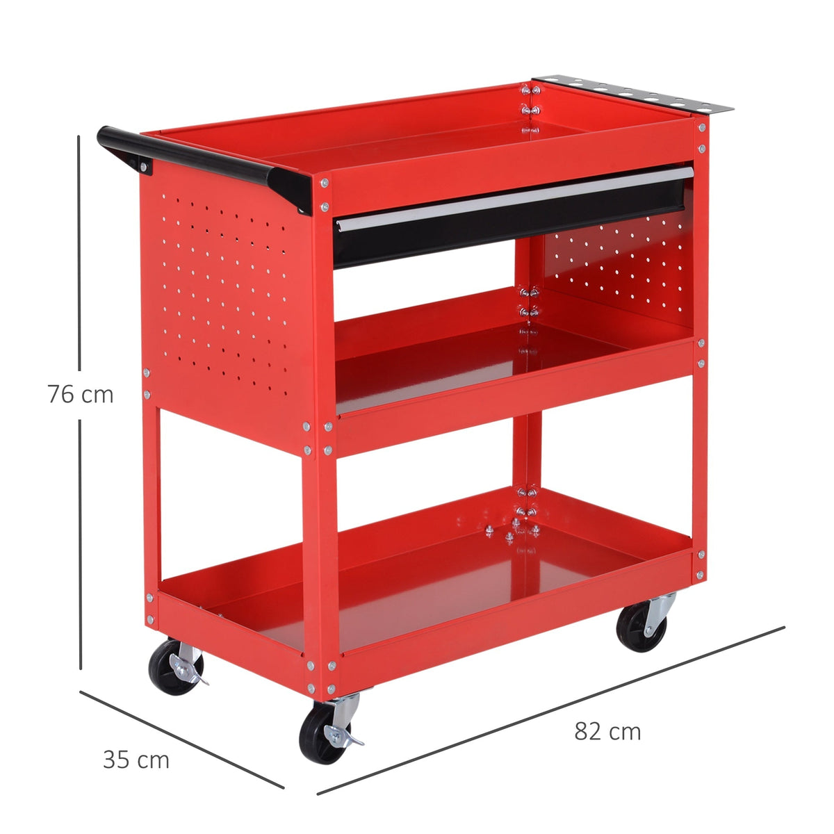 Red three-tier tool trolley cart with a drawer shown with dimensions