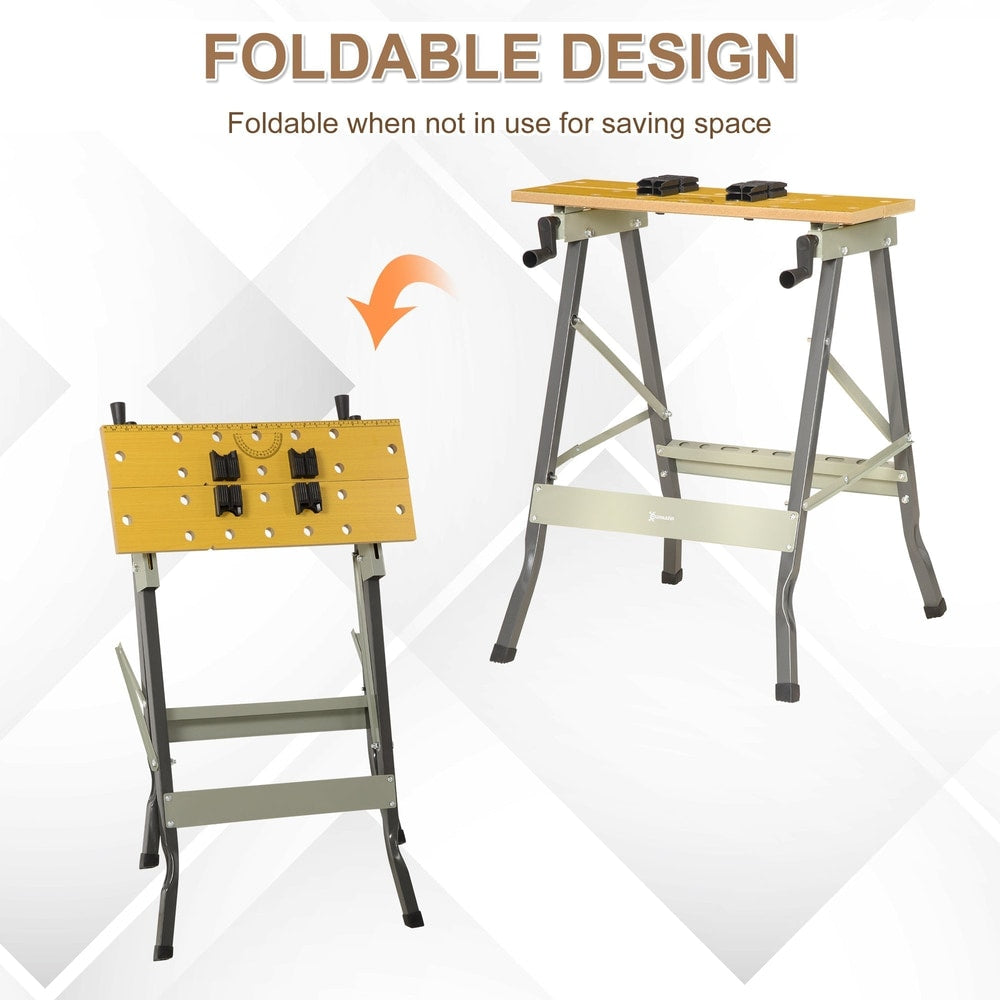 The foldable DIY work bench shown in two positions, ready for use and folded for storage