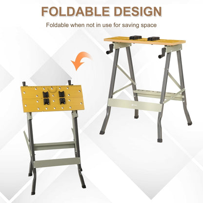 The foldable DIY work bench shown in two positions, ready for use and folded for storage